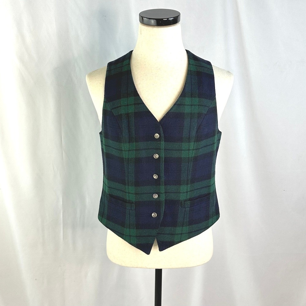 Vintage GAP Small Vest Blue Green Plaid Black Watch Tartan Dark Academia Holiday